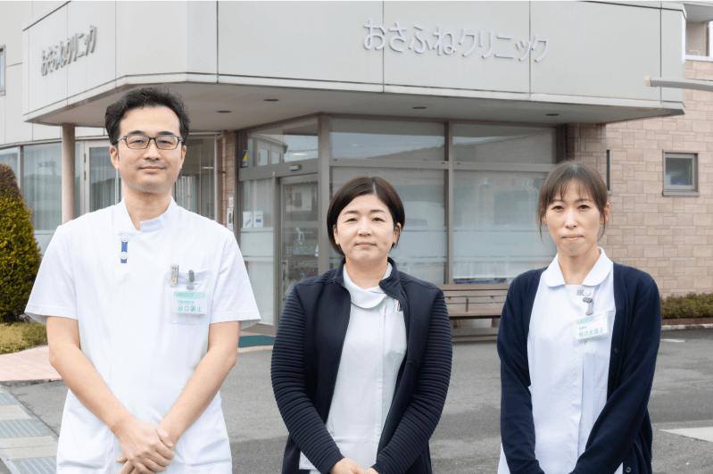左:診療放射線技師 谷口顕士氏、中央:臨床工学技士 技士長 阿波加和美氏、右:看護師長 恒次永里子氏